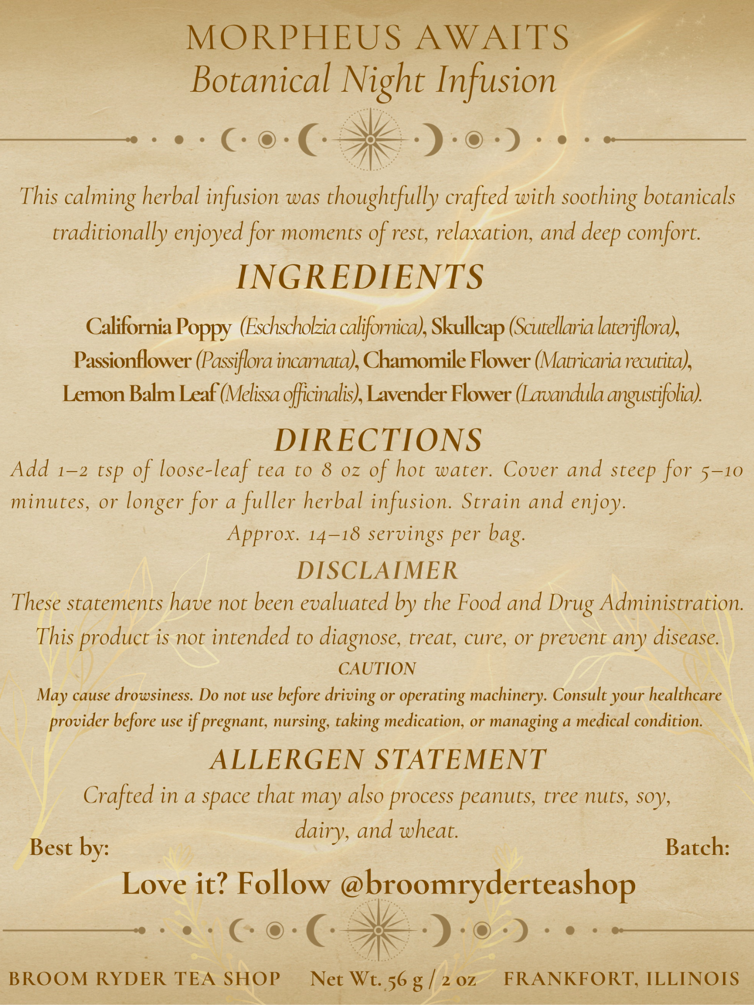 Morpheus Awaits back label with ingredients, directions, and cautions
