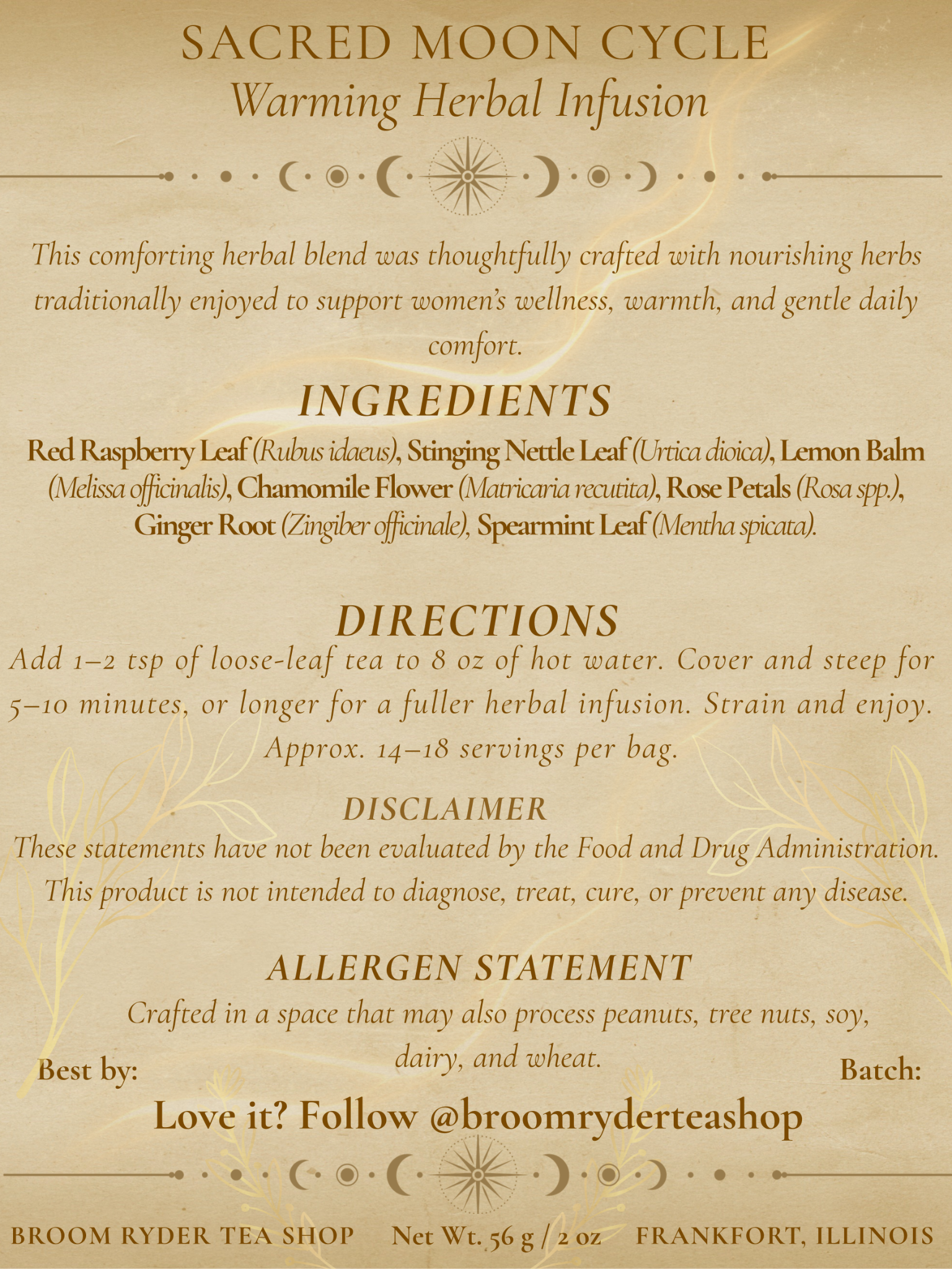Sacred Moon Cycle back label with ingredients, directions, and cautions